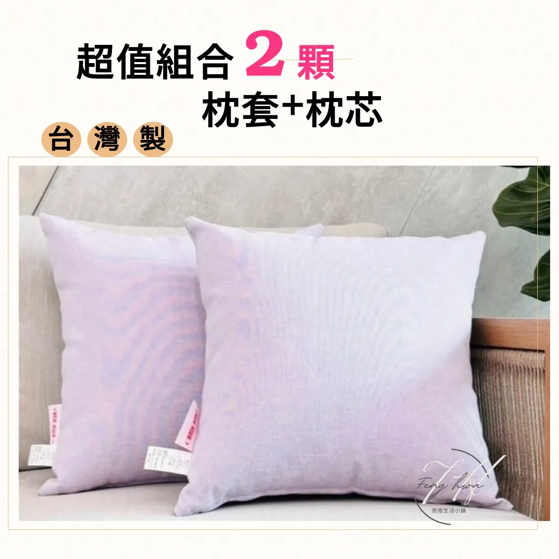 台灣製 素色抱枕 沙發抱枕 防潑水 45x45【淺紫2入】