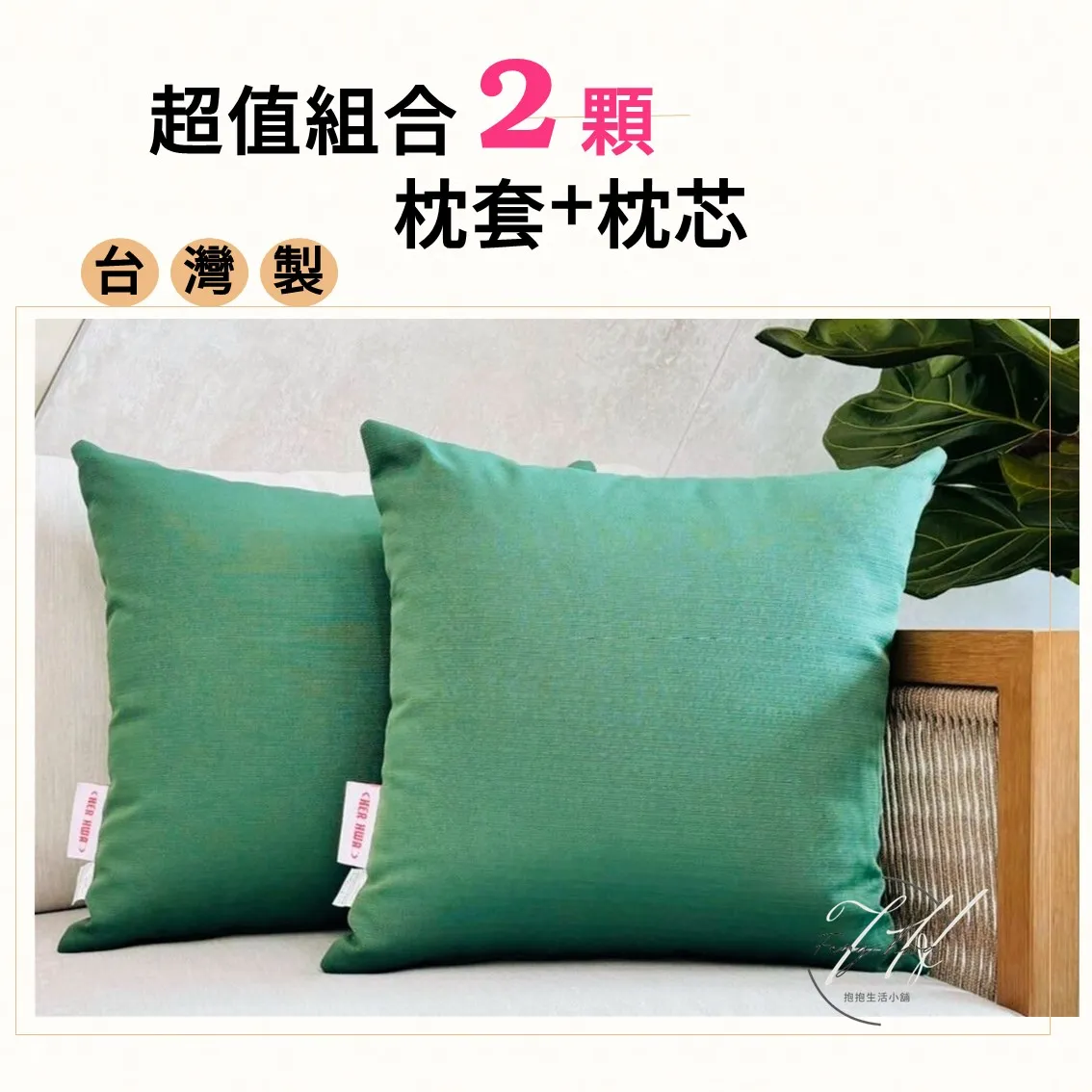 台灣製 素色抱枕 沙發抱枕 防潑水 45x45【深綠2入】